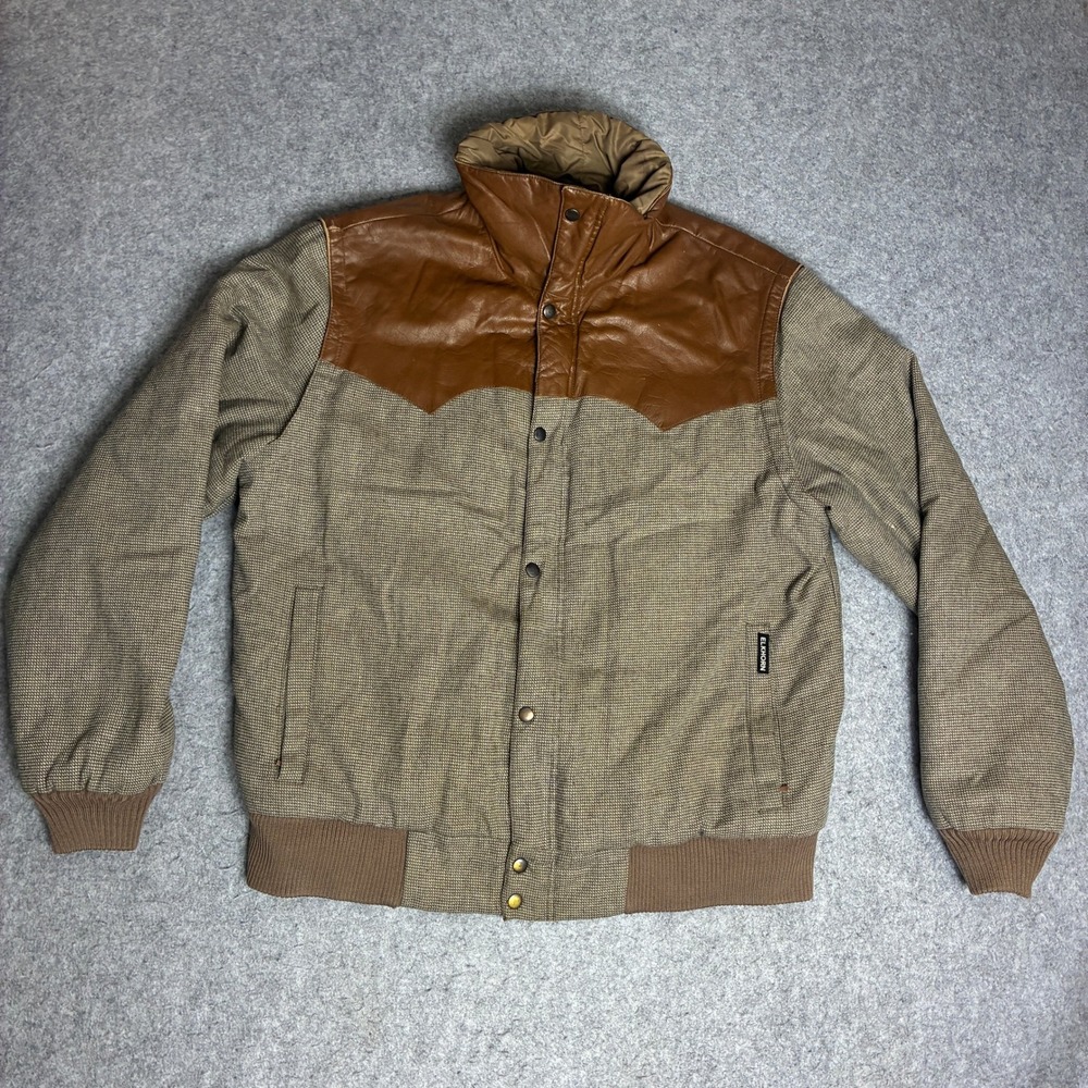 90s Elkhorn Western Bomber Jacket Mens L Brown Tan Wool Leather Yoke Vintage